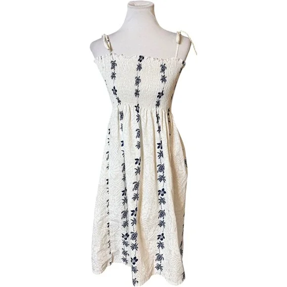Hawaii‎ Station Designs Midi Dress Womens S Cream Navy Blue Sea Turtle Palm Tree