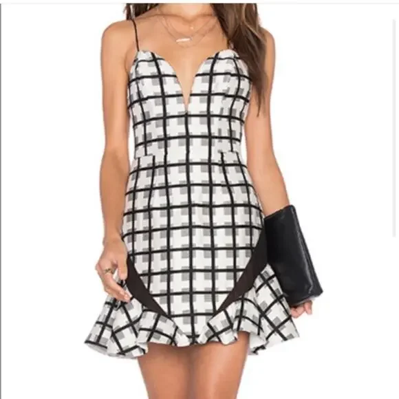 NBD Daylight Bliss black white plaid plunge neck flounce skirt mini dress NWT