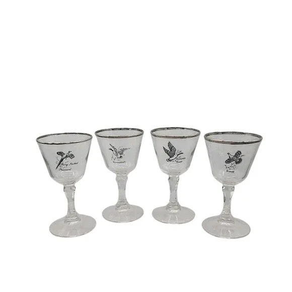 Federal Glass Co Wine Glasses Sportsman Game Birds Platinum USA 1980s Set Of 4‎
