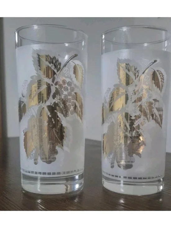 Set Of (2)Gold Etched Foil Vintage Grape Leaf Frosted Highball Glasses 10 oz MCM