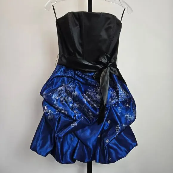 Jessica McClintock Gunne Sax Y2K Mini Dress Formal Event Black Satin Blue Pickup