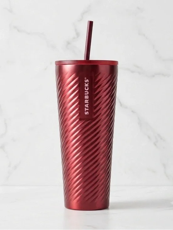 Starbucks 2022 NWT Metallic Red Twist Stainless Steel Venti Cold Cup 24 Oz
