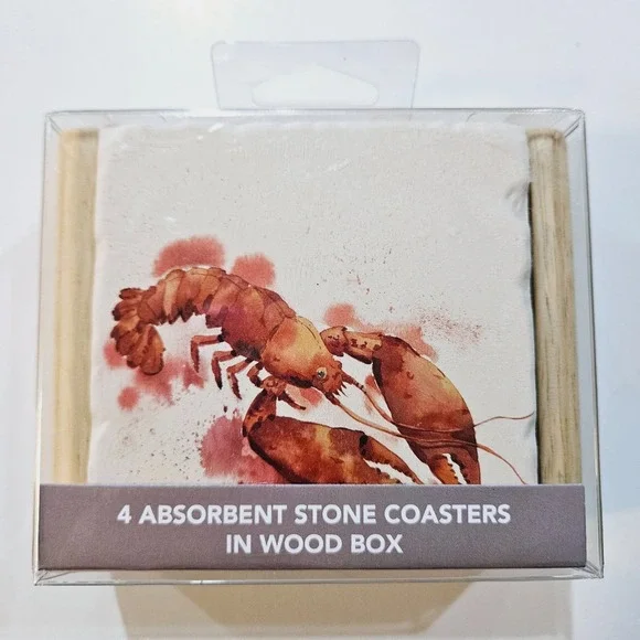 Highland Home Lobster Absorbent Stone‎ Coasters Set of 4 Wood Holder USA Gift