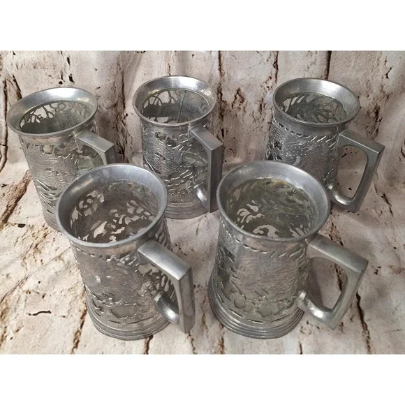 Set of 5 Vintage Chinese Dragon Pewter Mug Glass lined with Kim Soon makers mark