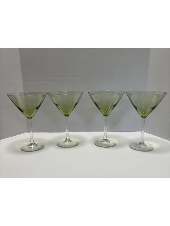 Olive Green Hand Blown Martini Glasses Elegant Design VTG 90s Barware Set Of 4