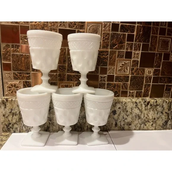 Set of 6 Vintage Milk Glass Goblets Textured Trumpet Base Footed‎ Dessert Wine