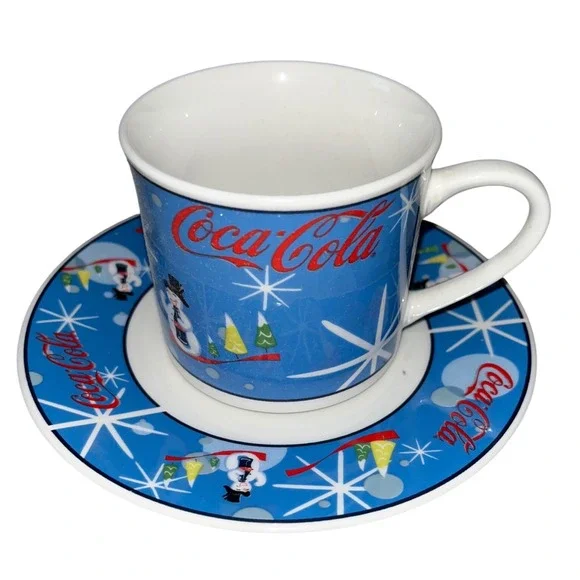 Coca Cola Laughing‎ Snowman Cup and Saucer Holiday Collectible Decor