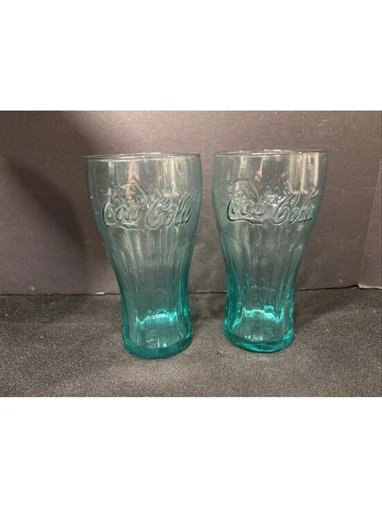Lot of 2 VTG Coca Cola Turquoise Blue Drinking Glasses Embossed Logo Great Con.