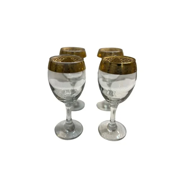 Set of 4 Vintage Gold Rimmed‎ Wine Glasses Elegant Crystal Etched Design