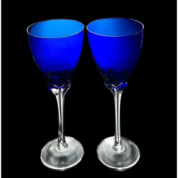 Set of 2 Vintage Hand Blown Cobalt Blue With Clear Stem 9.5