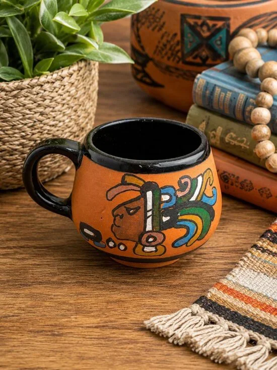 Vintage Mexican Mayan Folk Art Pottery Mug Hand Painted Terracotta Coffee Cup 3