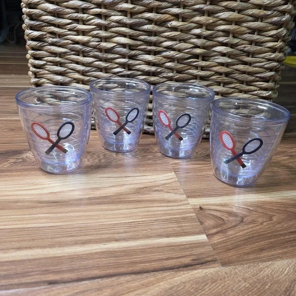 Vintage Tennis Racket Plastic Tumblers Set Of 4 Clear Sports Barware Retro Cups