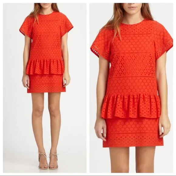 Thakoon Addition Cotton Dress Peplum Eyelet Lace Orange 0