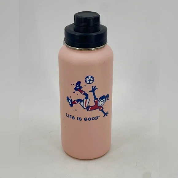 Life Is Good Wide‎ Mouth 32 Oz Pink Stainless Steel Water Bottle Soccer Player