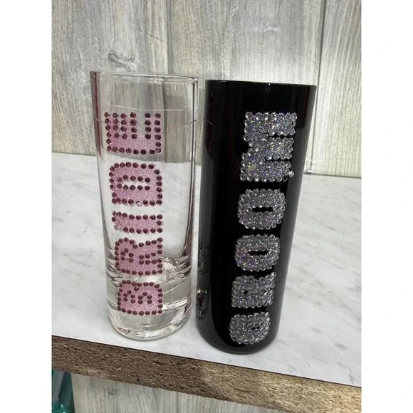 Bride and Groom Rhinestone Tall Shot Glass Set Pink Black Wedding Bachelorette