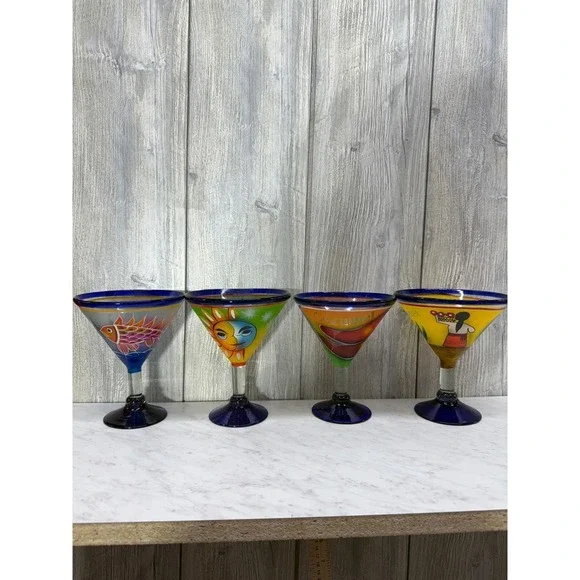 Set of 4 Hand Painted Mexican Martini Glasses Cozumel Cobalt Blue Rim 7in