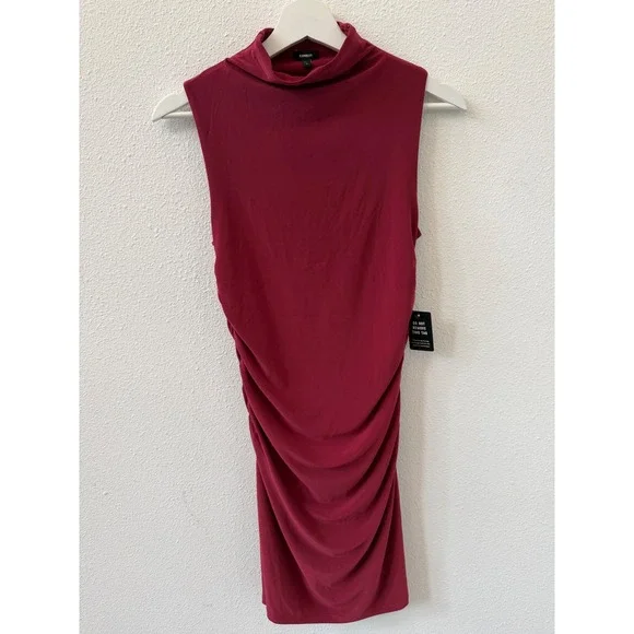 Express‎ Womens Burgundy Mock Neck Ruched Bodycon Sleeveless Dress S NEW