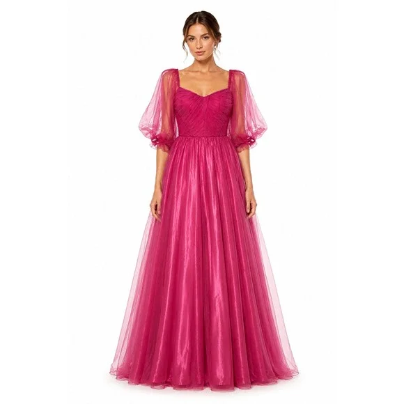 N.E.W. Fashion Magenta Tulle Puff Sleeve Formal Gown Prom Dress Size‎ 4 NEW