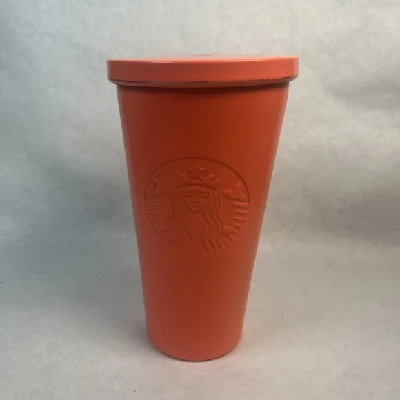Starbucks Matte Coral Orange Cold Cup Tumbler 16‎ oz 2015 *No Straw