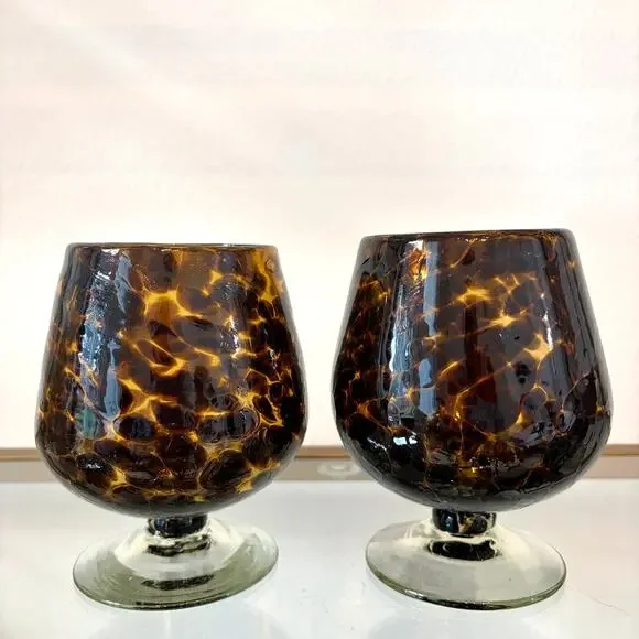 Hand Blown Tortoise Shell Brandy Snifters Set of 2 Cocktail Glasses NEW