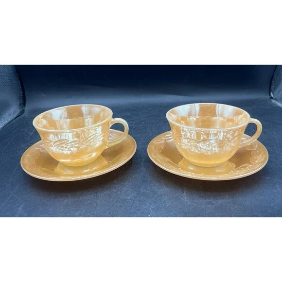 Vintage Fire King Peach Lustre Laurel Leaf 2 Cups 2 Saucers Anchor Hocking
