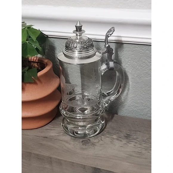 Vtg  Etched Crystal German Beer Mug Tankard Stein Glass Pheasant Pewter Lid 6.5