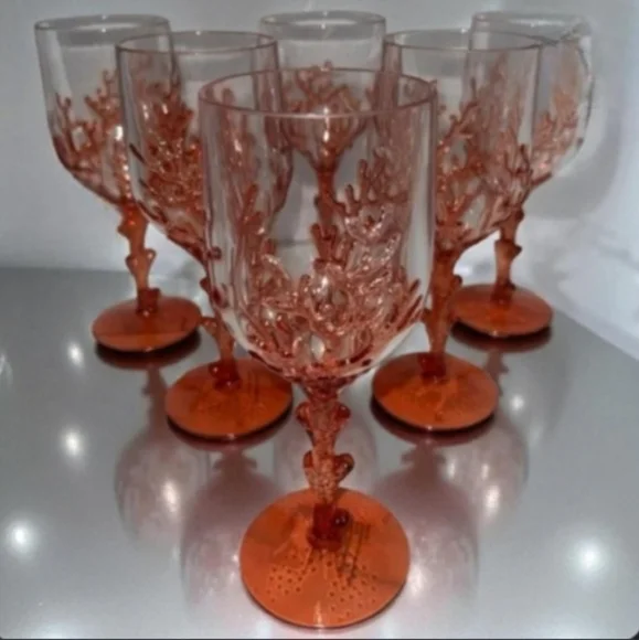 x6 Sea Coral Reef Acrylic Wine Glass Set Indoor Outdoor Nautical Beach Coastal