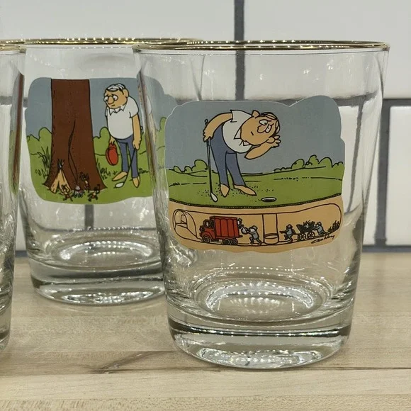 Vintage Ashby Glasses 8pc Golf Funny‎ Cartoon Low Ball Whiskey Man's Cave Decor