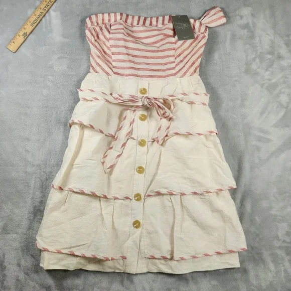 Anthropologie Maeve Sweet Shoppe Linen Red Stripe Tiered Strapless Dress 4