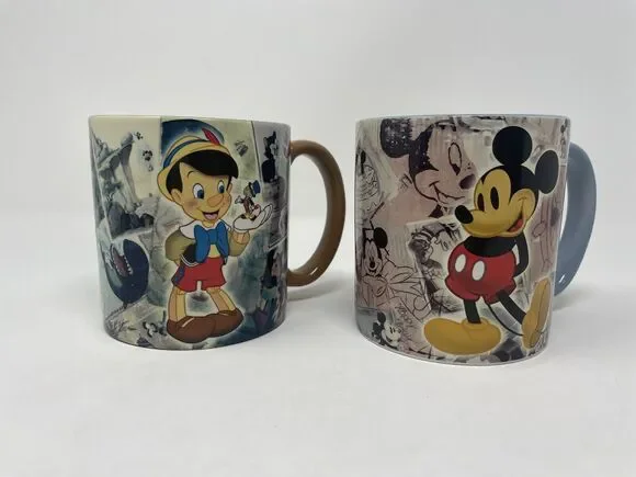 Disney Mickey Mouse And Pinocchio Newspaper Collage Coffee Mugs Rare Retired