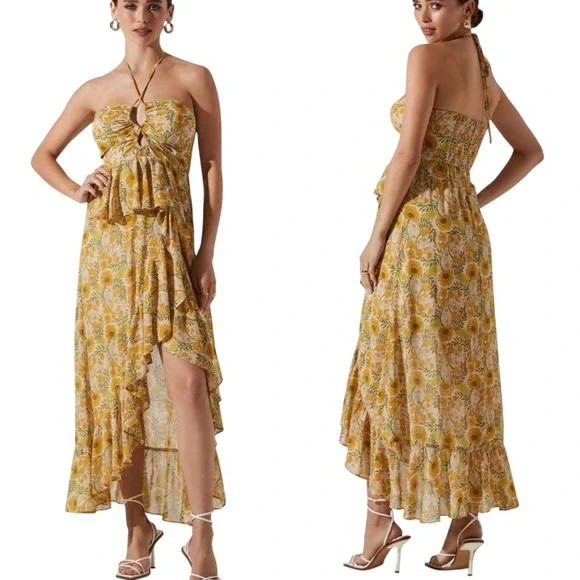 ASTR the Label Maxi Dress Womens XS Yellow Floral Halter Boho Tier Ruffle Flirty