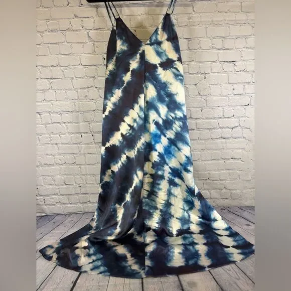 Zara Blue White Strappy V Neck Tie-Dye Satin Effect Boho Beachy Midi Dress M/L