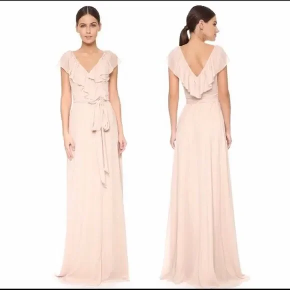 Ceremony by Joanna August Lolo Ruffle Trim Wrap Chiffon Gown Dress Champagne S