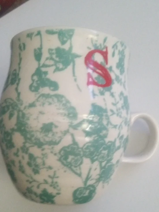 Antheopologie Letter M Floral Green And White Monogram Mug with Red Letter 