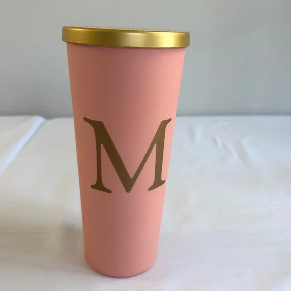 Monogram Letter M Tumbler Matte Peach Pink Gold Lid Insulated Travel Cup 20oz‎