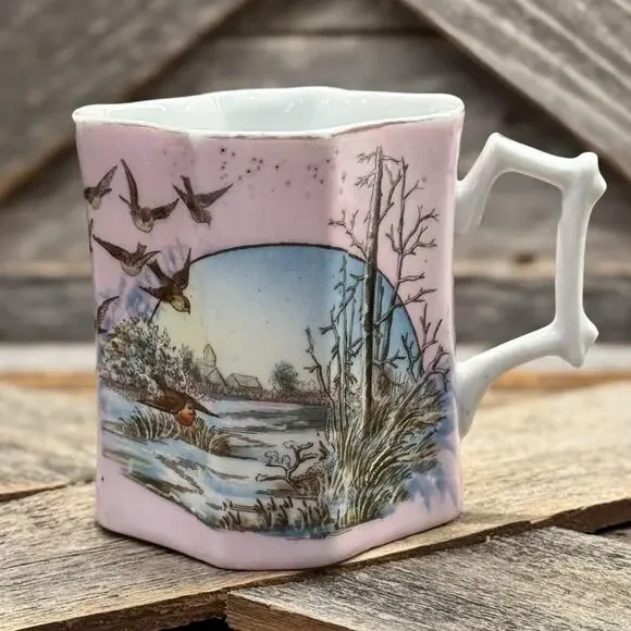 19th Century Victorian Pink Bone China Wishbone Handled Cup w/ Winter Landscape