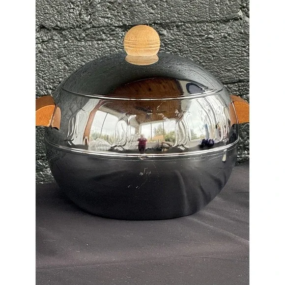 1940s West Bend Penguin Hot Cold Server Ice Bucket MCM WOOD Handles 1st Edition