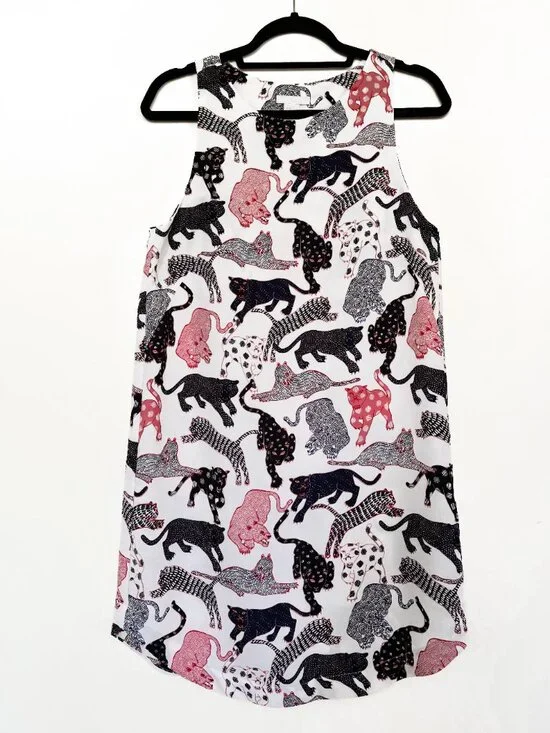 H&M Ivory Wild Cat Leopard Panthers Crepe Tunic Shift Dress Size 8