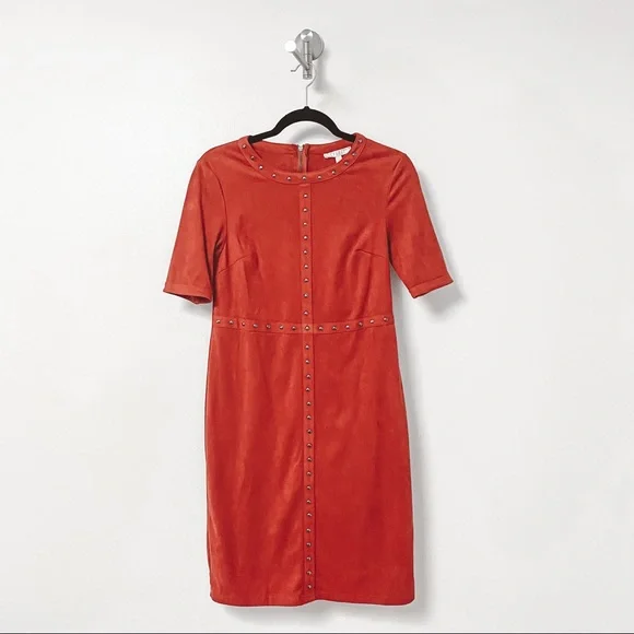Spense Fall Winter Casual Chic Velour‎ Studded 3/4 Sleeve Mini Dress Red Orange