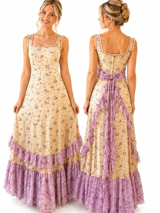 Vintage Floral Prairie Cottagecore Lace Coquette Maxi Dress Sabrina Ann 10