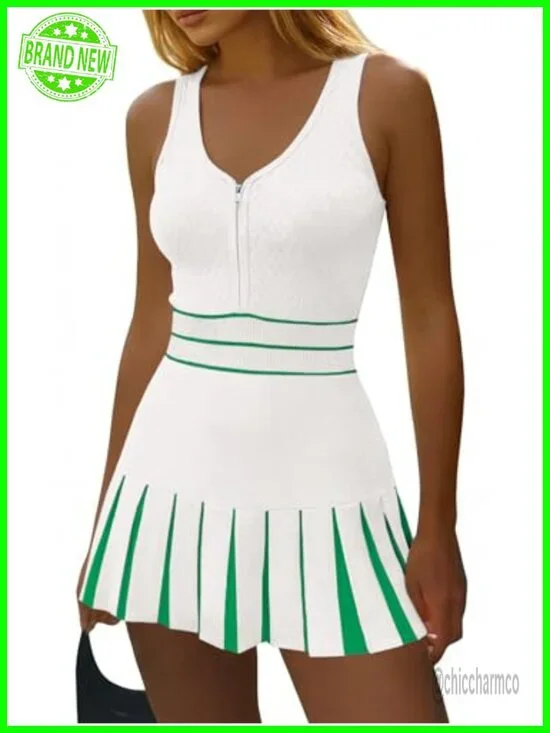 Womens Tennis Mini Dress Sleeveless Half Zipper Elastic Waist Athletic Workout