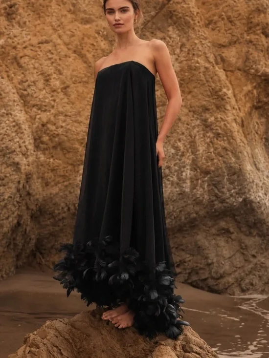 Mac Duggal 13001 Black Strapless Flare Feather Hem Gown