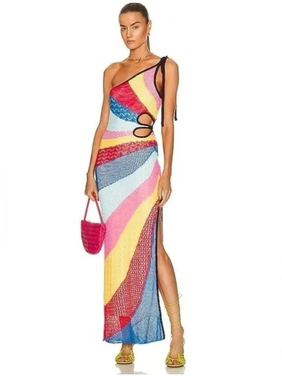 Staud Alpes One-Shoulder Cutout Crochet-Knit Midi Dress New with tags Large