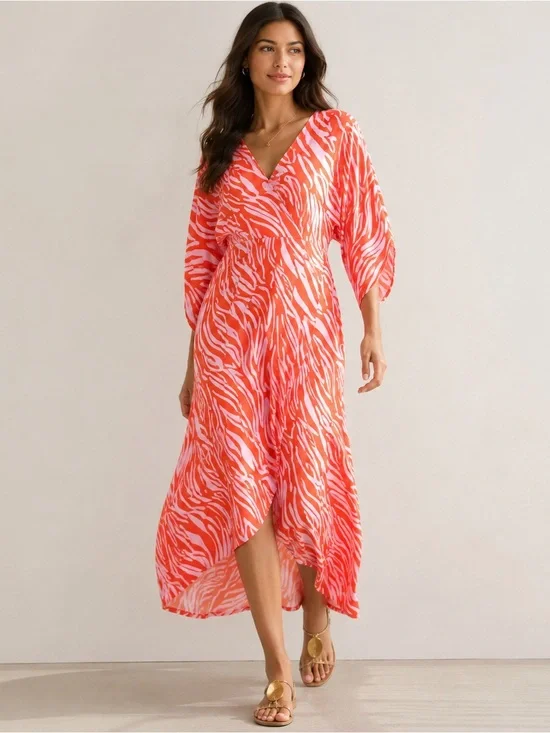 CAbi | Saunter Coral and Lavender Wrap Style Zebra Print Midi Dress Size Small