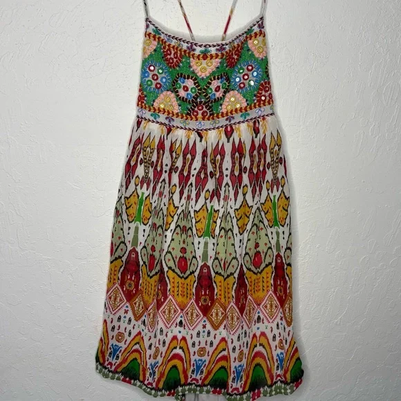 Zara Women M Embroidered Print Mini Dress Strappy Boho Festival Halter Open Back