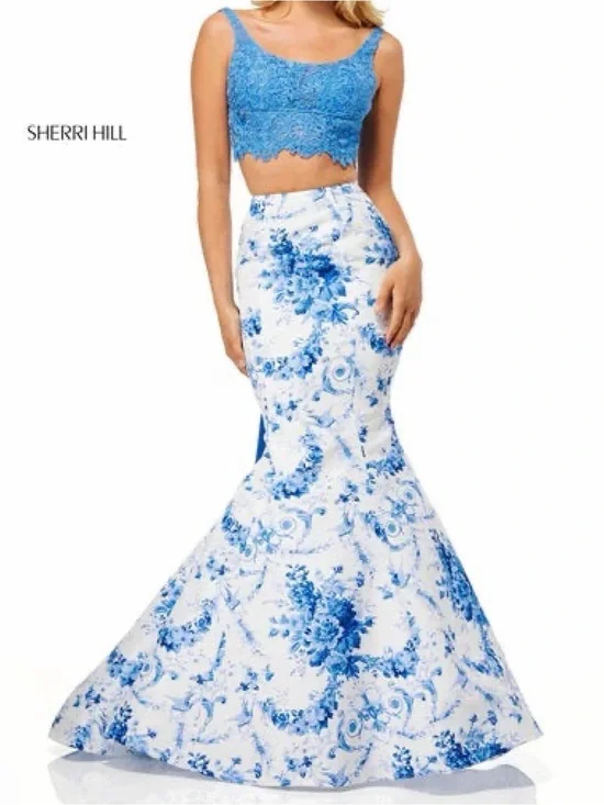 Sherri Hill Blue Lace Crop Top with White and Blue Floral Mermaid Skirt