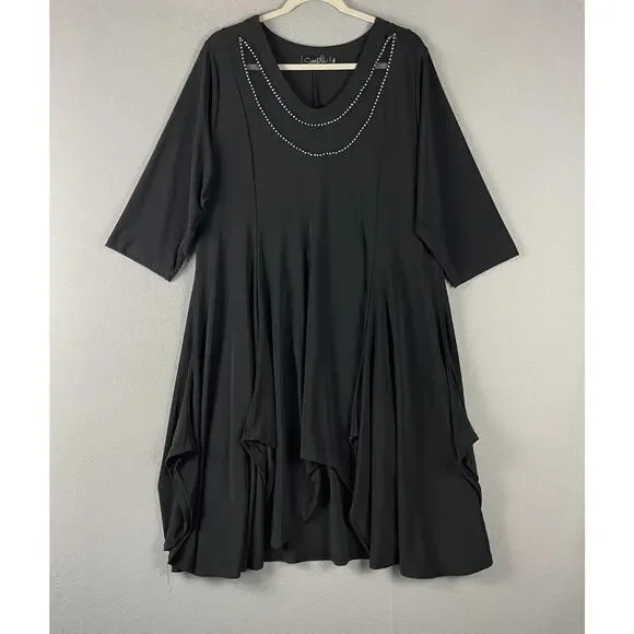 Sympli Grand Tunic Dress Womens 2G Black Rhinestone Mesh Asymmetrical Lagenlook‎