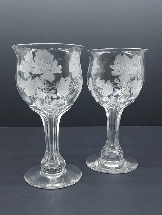 Rare Vintage Etched Rose Hollow Stem Wine Goblets Set of 2