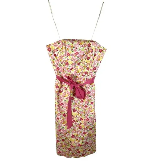 Vtg Lilly Pulitzer Pink Waist‎ Ribbon Tie Floral Lace Strapless Dress EUC Size 4