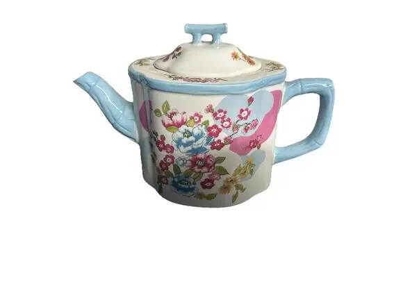 Grace Tea Ware Ceramic Teapot Square Design Red Blue Floral Pattern Bamboo